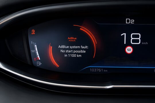 Diesel car dashboard displaying AdBlue system fault warning