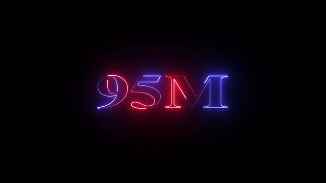 Glowing neon 95 million achievement animation social media friends, fans or subscribers. Celebrate with your fans.social media milestone motion graphics animation on black background.