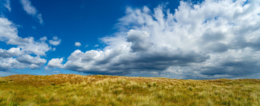Windswept Marram Grass Dunes Under Dramatic Sky, Horsey Gap, Norfolk Coast past hiking track. Wide angle panoramic banner.