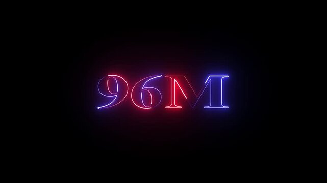Glowing neon 96 million achievement animation social media friends, fans or subscribers. Celebrate with your fans.social media milestone motion graphics animation on black background.