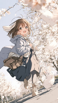 Anime style illustration of a cheerful girl with rabbit ears and a shoulder bag running under blooming cherry blossom trees beside a white rabbit as letters flutter in the spring breeze, 春風に手紙が舞う満開の桜並