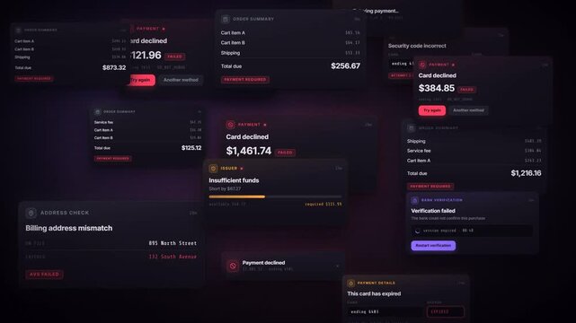 Payment declined notification cards multiplying on dark screen ending with payment blocked alert