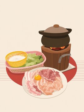 Thai Jim Jum clay pot hot pot with pork and vegetables illustration