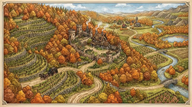 Medieval Estate and Vineyard RPG Map Fantasy World Concept Art