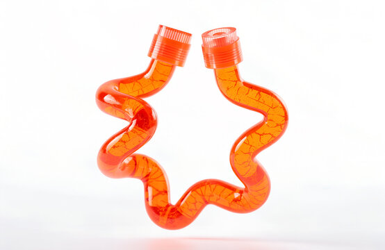 A bent orange glow stick tube shaped into a five-pointed star, isolated on a white background, showing the translucent plastic tubing and folded seams.
