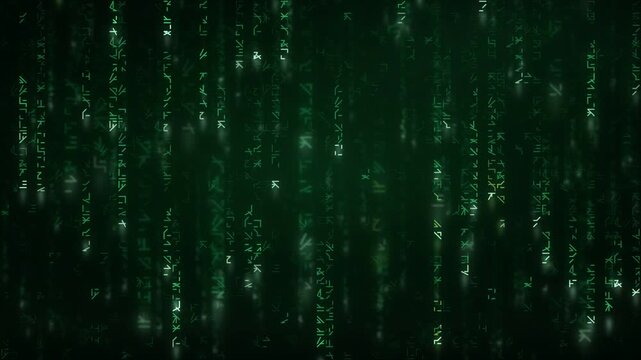 Green digital rain of falling code characters on dark screen cyber technology background