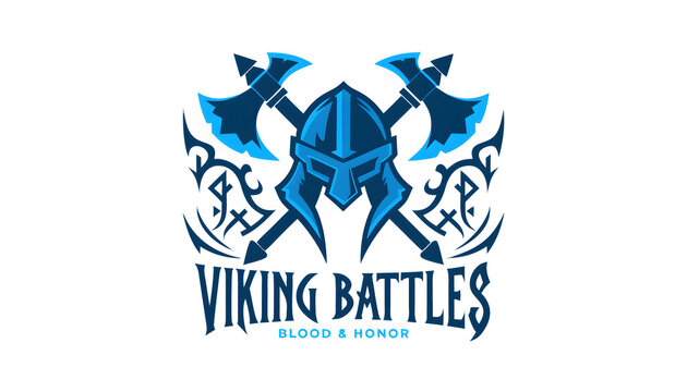 Viking battles emblem featuring ancient nordic warrior helmet with crossed axes and tribal runic patterns ideal for gaming or historical themes.