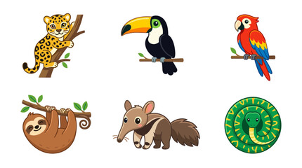Naklejka premium Cute rainforest wild animals set featuring jaguar cub, toucan, macaw parrot, sloth and anteater