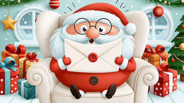 Cute cartoon adorable Santa sitting on the sofa with an envelope, flat design illustration, Christmas