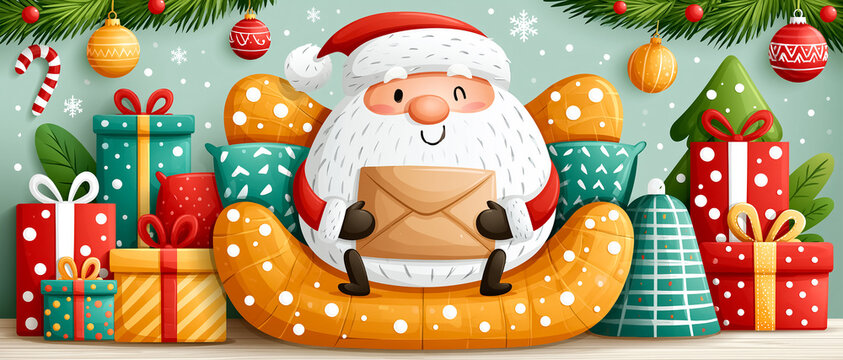 Cute cartoon adorable Santa sitting on the sofa with an envelope, flat design illustration, Christmas