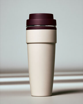 Modern fitness shaker bottle with maroon lid, beige body, minimalist style, isolated on neutral background, healthy lifestyle concept