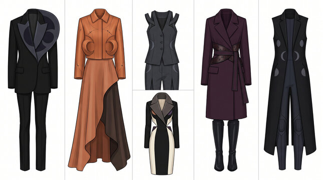 Avant garde dark autumn fashion design clothing sketch collection isolated on white