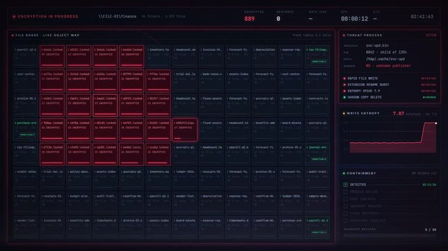 Ransomware attack dashboard encrypting files then restoring from snapshot with threat contained