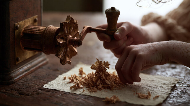 Hands grinding fresh wood shavings using an ornate vintage metallic hand crank mill on wood