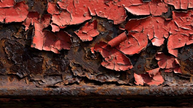 Peeling Industrial Red Paint Texture on Heavy Steel Beams with Cracked Curling Flakes Exposing Dark Iron Rust