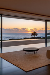 Fototapeta premium Minimalist luxury room with floor to ceiling window, ocean view, sunset, palm tree, serene atmosphere, modern interior design