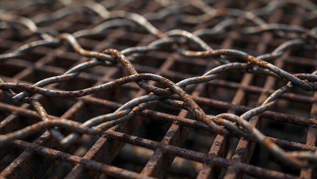 Close Up Industrial Texture of Heavy Duty Wire Mesh Intertwined Over Rusted Steel Grates