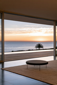 Minimalist luxury room with floor to ceiling window, ocean view, palm tree, sunset sky, serene atmosphere, modern decor