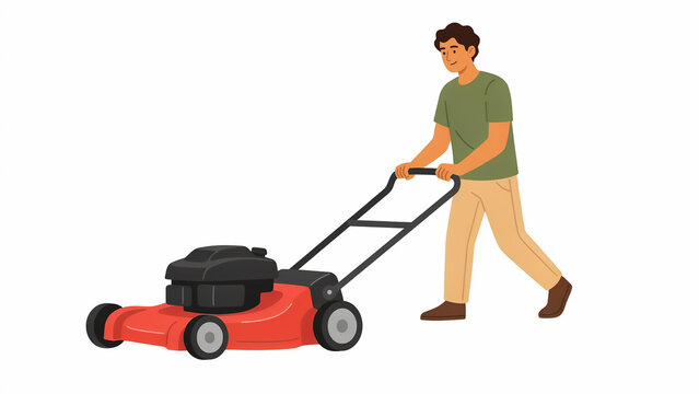 A flat vector illustration of a man with brown hair wearing a green t-shirt and tan pants, pushing a red and black lawnmower on a white background