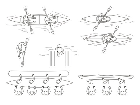 Top view CAD drawing of athletes rowing in kayaks and rafts plan architectural symbols