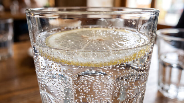 Glass of Sparkling Mineral Water with Lemon Slice and Carbonated Bubbles Close-Up