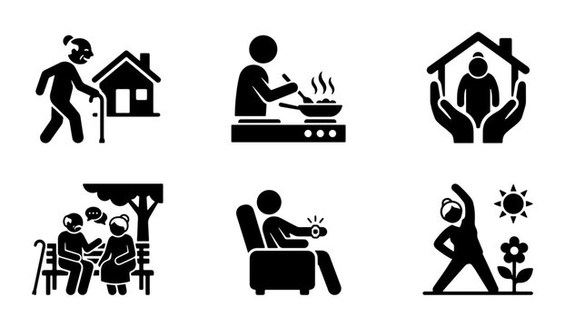 Elderly Care Icons: Senior Assistance, Home Support, Health & Activity Vector Set