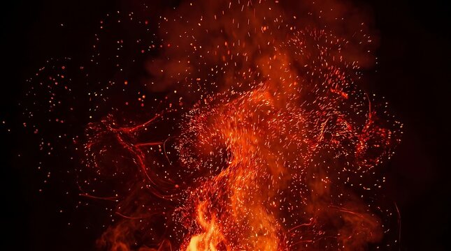 A vibrant vertical stream of glowing orange embers and bright fire sparks rising against a dark background