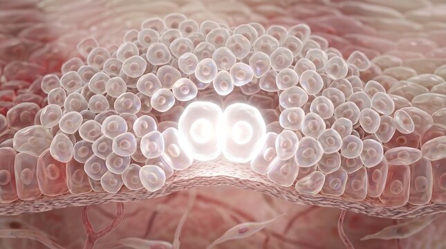 3D scientific rendering of skin basal cell layer mitosis and active cell division