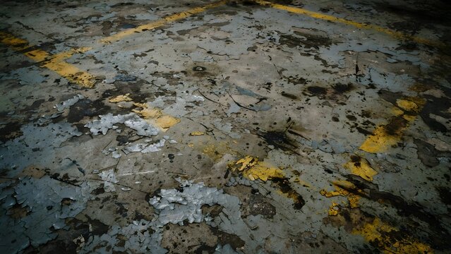 Old Factory Floor Texture with Weathered Peeling Epoxy Over Rough Cement, Faded Yellow Safety Lines, and Dark Grease Stains