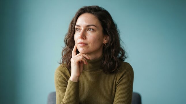 A focused young woman with chin resting on hand, ideal for corporate branding, web design, and professional marketing materials showcasing confidence and deep thought.