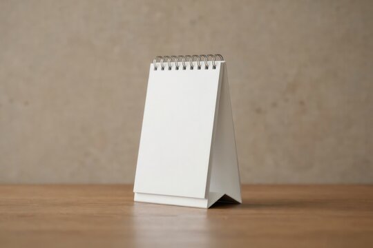 Blank white desk calendar mockup on wooden table