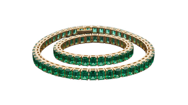 Emerald tennis bracelet and necklace set, luxury gold jewelry with green gemstones, elegant emerald jewelry collection for formal gala isolated PNG with Transparent Background