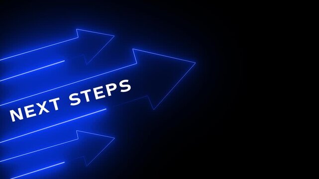 Glowing blue neon arrows pointing forward with bold STEPS text on dark black background, representing direction, progress, movement, guidance