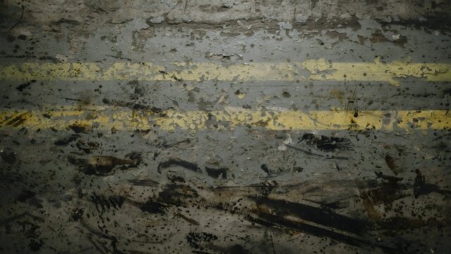 Old Factory Floor Texture with Weathered Peeling Epoxy Over Rough Cement, Faded Yellow Safety Lines, and Dark Grease Stains
