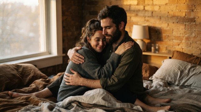 Couple embracing cozy bedroom warm hug romantic love moment