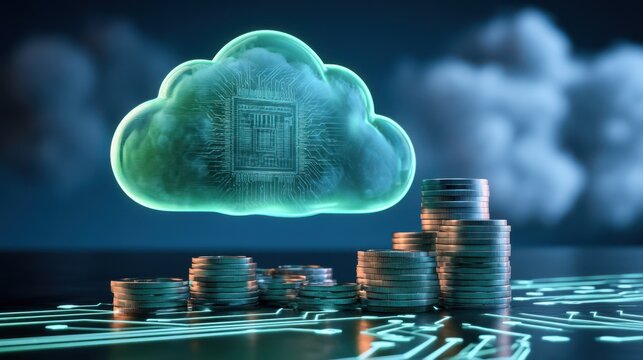 Digital cloud computing concept with circuit board background and stacked coins representing data storage and financial growth in technology.