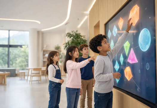 Multicultural group of children learning with an interactive digital wall display in a modern classroom
