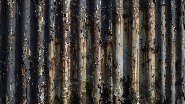 Corrugated Iron Texture with Sun and Rain Faded Sheets, Chipped Dark Paint, Rusted Streaks, and Repetitive Ridges