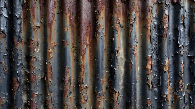 Corrugated Iron Texture with Sun and Rain Faded Sheets, Chipped Dark Paint, Rusted Streaks, and Repetitive Ridges