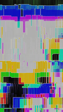 Multi-color glitch halftone with broken dot pattern and analog distortion with blue, yellow, and magenta bands. Pairs with cinematic branding and film aesthetic for a bold poster design