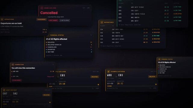 Airport flight cancellation alerts stacking on dark board ending with all departures delayed