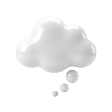 White glossy cloud thought bubble icon with floating spheres for creative thinking concepts and brainstorming idea representation in digital user interface design.