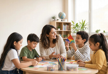 Obraz premium Teacher helping multiethnic children with geometric puzzle shapes at a table in a bright classroom learning