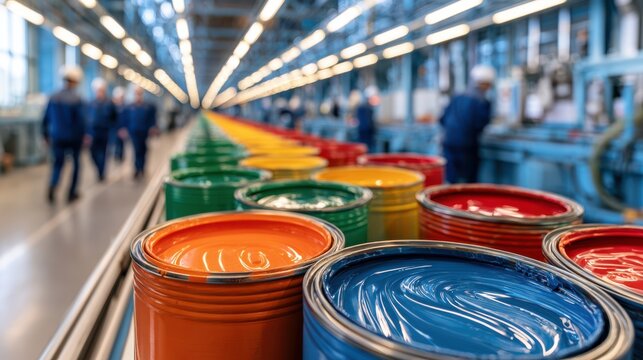 Open paint cans in various colors are lined up in a factory setting with workers blurred in the background.