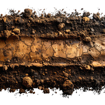 A close-up view of a cross-section of soil layers on a black background.