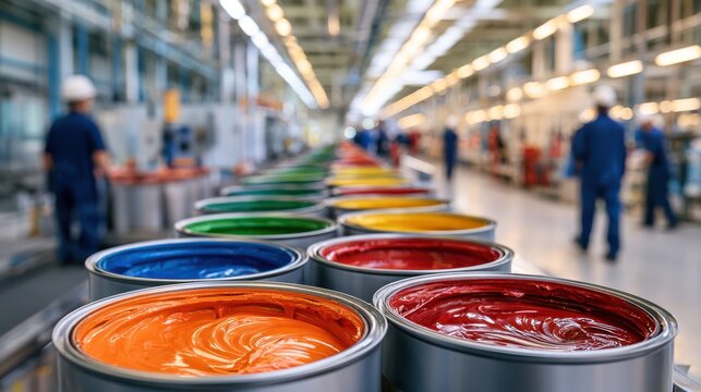 Rows of colorful paint cans in an industrial factory setting with workers blurred in the background.
