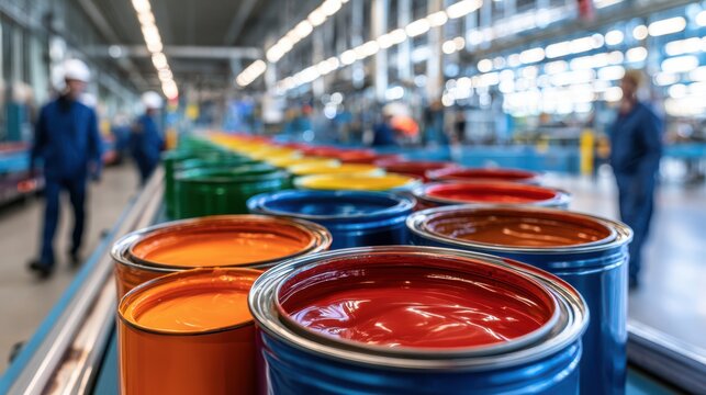 Open paint cans filled with different colors lined up in a factory setting with workers and machinery in the background.