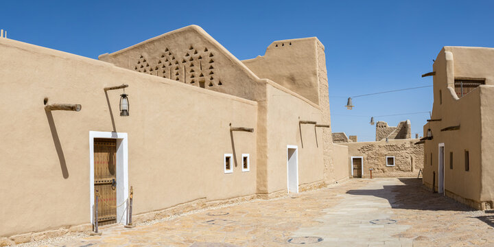 Riyadh Salwa Palace buildings made of clay in the historic district of At-Turaif UNESCO World Heritage site panorama in Riyadh, Saudi Arabia