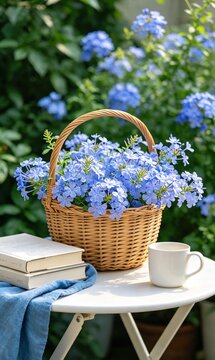 Blue plumbago flowers matching dark blue cloth, woven texture contrasting with white table surface