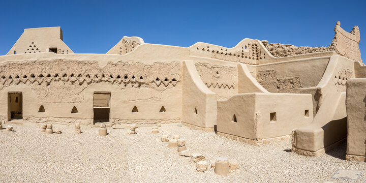 Riyadh Salwa Palace buildings made of clay in the historic district of At-Turaif UNESCO World Heritage site panorama in Riyadh, Saudi Arabia